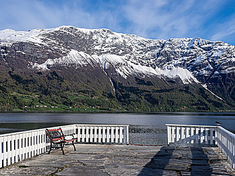 长椅,码头,营地,视点,积雪,山,峡湾,枝条,松恩峡湾,挪威