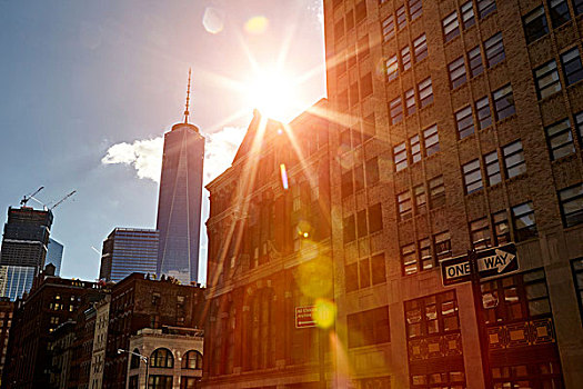 日光,风景,一个,世界贸易中心,纽约,美国