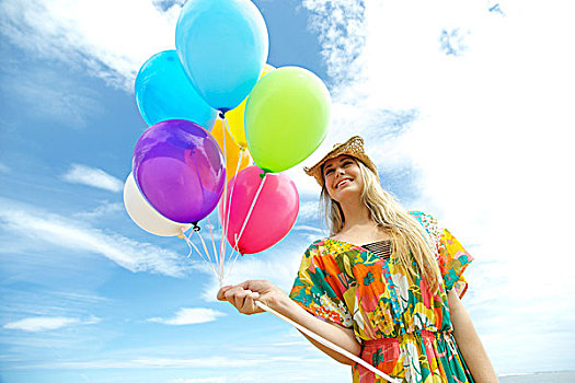 美女,花,服装,拿着,一些,彩色,气球,考艾岛,夏威夷,美国