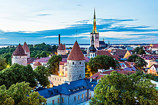 风景,城堡区,山,城镇,老城,教堂,塔,城市,墙壁,蓝色,钟点,塔林,爱沙尼亚,欧洲