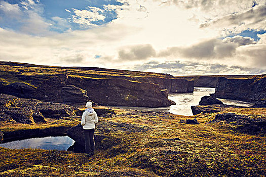 女人,站立,水池,冰岛,高地