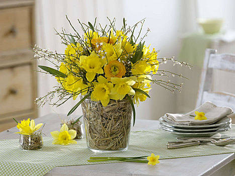 黄色,春之花束,稻草,花瓶