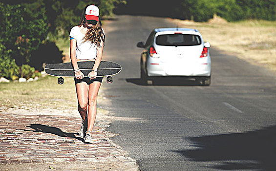 美女,走,旁侧,道路,滑板