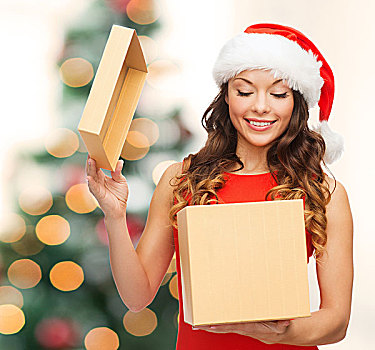 圣诞节,圣诞,冬天,高兴,概念,微笑,女人,圣诞老人,帽子,礼盒