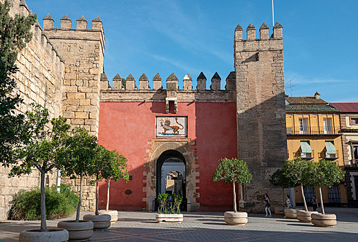 城堡,皇宫,入口,大门,墙壁,塞维利亚,安达卢西亚,西班牙,欧洲