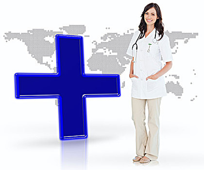 医护人员,站立,数码,蓝色,世界地图,背景