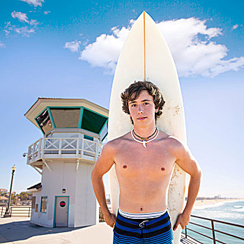 冲浪,男孩,青少年,冲浪板,亨丁顿海滩,码头,加利福尼亚