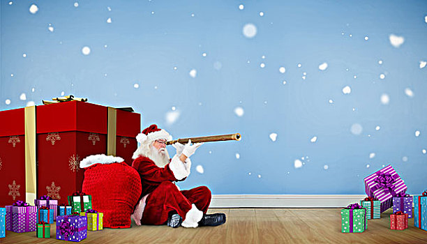 合成效果,图像,圣诞老人,看穿,望远镜,蓝色,房间,木地板