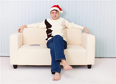 男青年,圣诞节,帽子,坐,沙发,电视