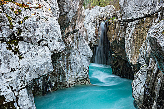 瀑布,峡谷,索卡谷,特拉维夫,国家公园,斯洛文尼亚,欧洲