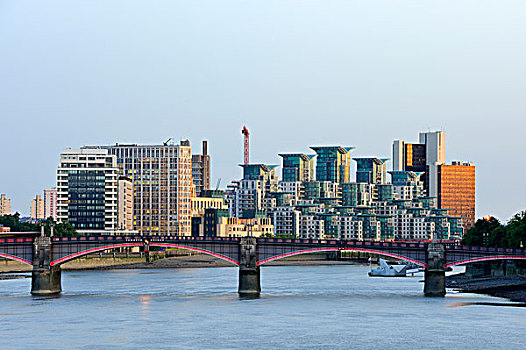 风景,上方,泰晤士河,桥,正面,现代,办公室,建筑,晚间,亮光,伦敦,英格兰,英国,欧洲