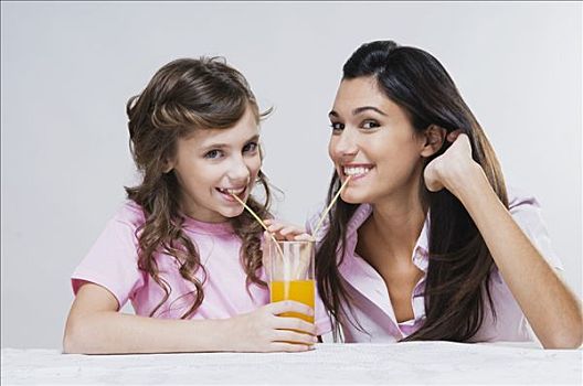 肖像,母女,分享,橙汁