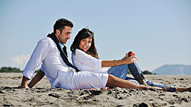 高兴,年轻,情侣,享受,野餐,海滩,美好时光,夏天,假期