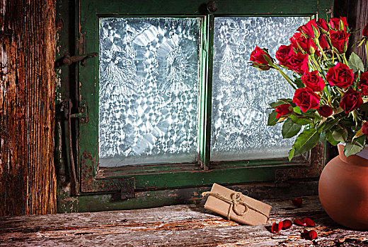 玫瑰,礼物,窗户