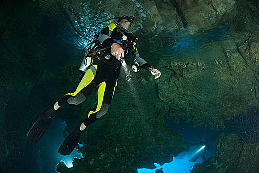 潜水,探索,水下,洞穴,四王群岛,印度尼西亚