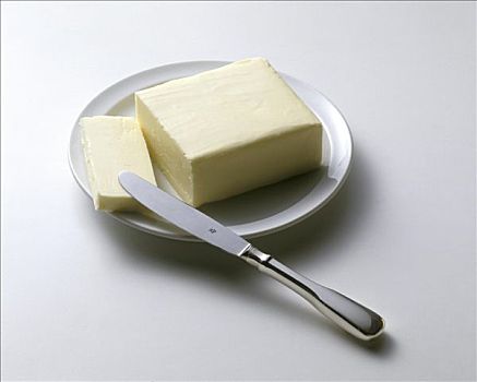 切削,黄油,白色背景,盘子