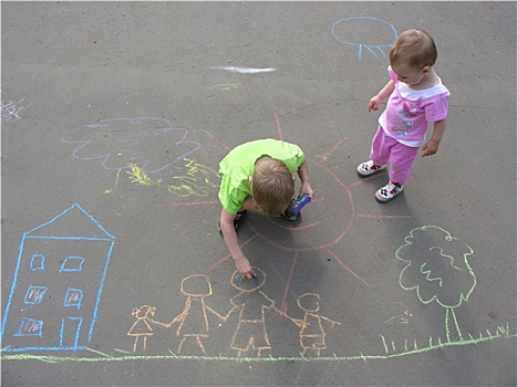 孩子,绘画,沥青,住宅