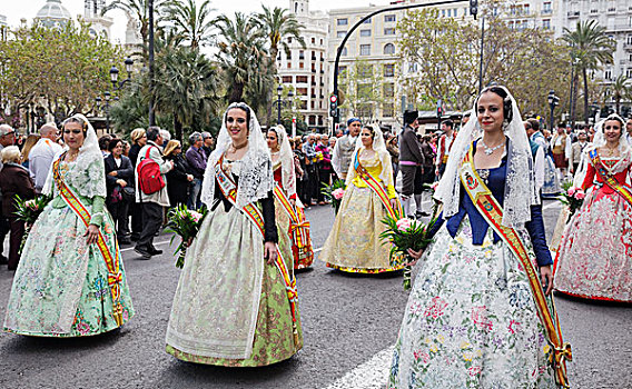女人,传统服饰,队列,节日,守护神,瓦伦西亚,社区,西班牙,欧洲