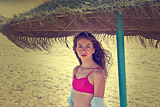 少女,茅草屋顶,伞,海滩,头像,比基尼胸罩
