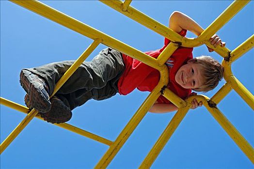 男孩,7岁,老,攀登,攀缘游戏架,科隆,北莱茵威斯特伐利亚,德国