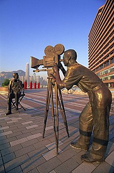 雕塑,城市天际线,背景,星光大道,尖沙嘴,九龙,香港,中国