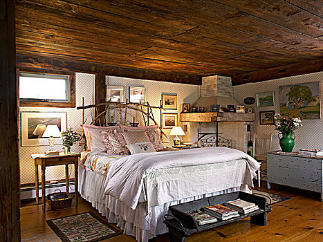 双人床,卧室,木料,天花板