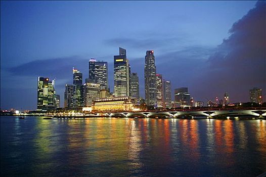夜景,新加坡,天际线,码头,湾,休闲场所,桥,酒店,鱼尾狮