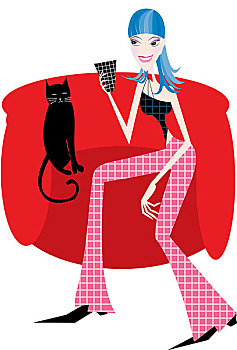 时尚插画,红色沙发,黑猫,女子,咖啡杯
