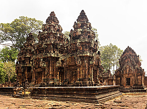 中心,右边,图书馆,高棉,印度教,庙宇,女王宫,吴哥,区域,收获,省,柬埔寨,亚洲