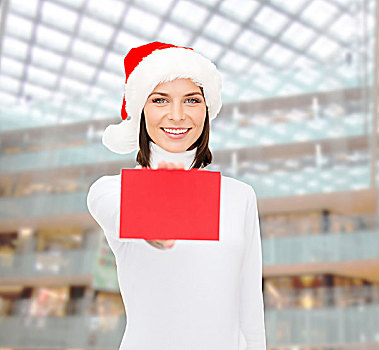 圣诞节,人,广告,销售,概念,高兴,女人,圣诞老人,帽子,留白,红牌,上方,购物中心,背景
