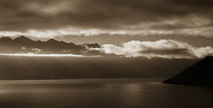 日出,上方,山峦,瓦卡蒂普湖,新西兰