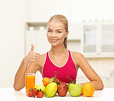 健身,卫生保健,节食,概念,微笑,少妇,有机食品,水果,桌上,竖大拇指