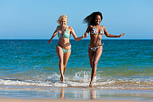 朋友,两个女人,海滩,许多,有趣,度假,跑,水