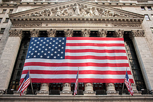 美国国旗,纽约股票交易所,证券交易所,华尔街,曼哈顿,纽约,美国,北美