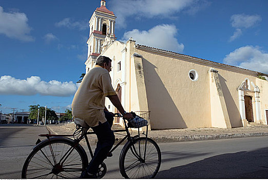 男人,自行车,老,教堂,背景,古巴