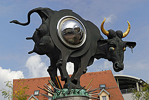现代,青铜,雕塑,母牛,巴登符腾堡,德国,欧洲