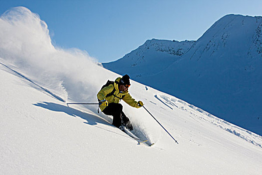 下坡,滑雪者,清新,粉末,楚加奇山,阿拉斯加,冬天