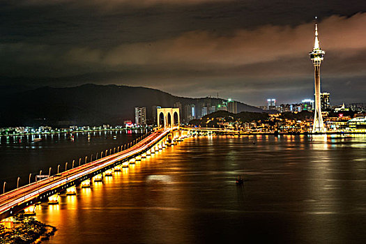 澳门,海面,夜景,灯光,大桥