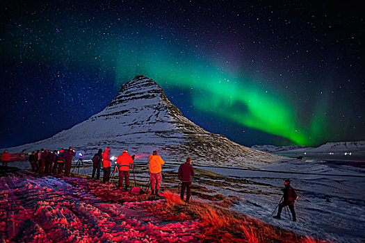 北极光,上方,山,斯奈山半岛,冰岛,摄影,教堂,极光,北方