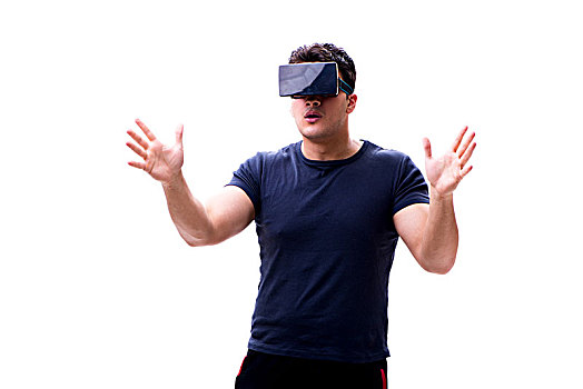 男人,玩,虚拟现实,眼镜,白色背景,背景