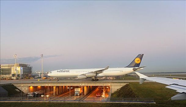 飞机,汉莎航空公司,空中客车,高速公路,慕尼黑,机场,巴伐利亚,德国