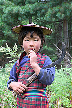 不丹,布姆唐,头像,小女孩,镰刀
