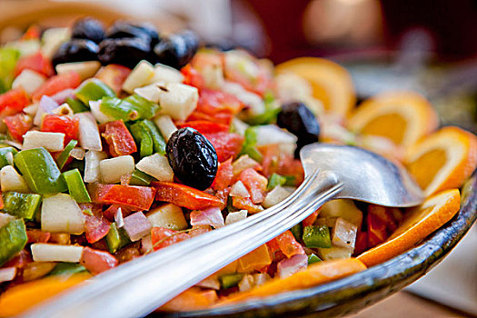 碗,摩洛哥,沙拉,西红柿,乌榄,洋葱,青椒
