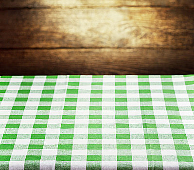 方格,绿色,桌布,上方,乡村,木质背景