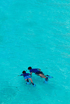 两个人,潜水,蓝色,泻湖,北方,马累环礁,共和国,马尔代夫,印度洋,亚洲
