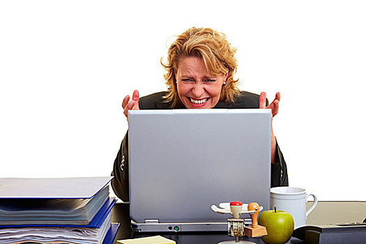 职业女性,看,沮丧,笔记本电脑
