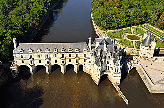 法国,中心,卢瓦尔河,舍农索城堡,宫殿,城堡,文艺复兴,风格,谢尔河,航拍