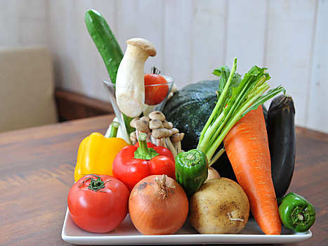 绿色,新鲜,蔬菜,西红柿,胡萝卜,辣椒,蘑菇,土豆,茄子