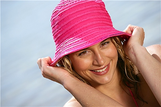 女人,微笑,头像,帽子,海岸