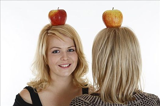 两个女人,苹果,头部